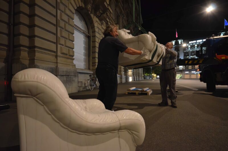 Installation of Ai Weiwei’s Sofa in White, 2011, marble, Paradeplatz, Zürich, Switzerland