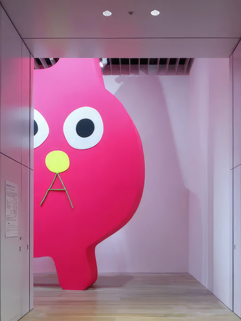 Takehiro-Ikawa-Decoratorcrab-Mr.-Kobayashi-The-Pink-Cat-2017-wood-fluorescent-paint-400-x-540-cm-Mori-Art-Museum-Tokyo-2019-1-feat