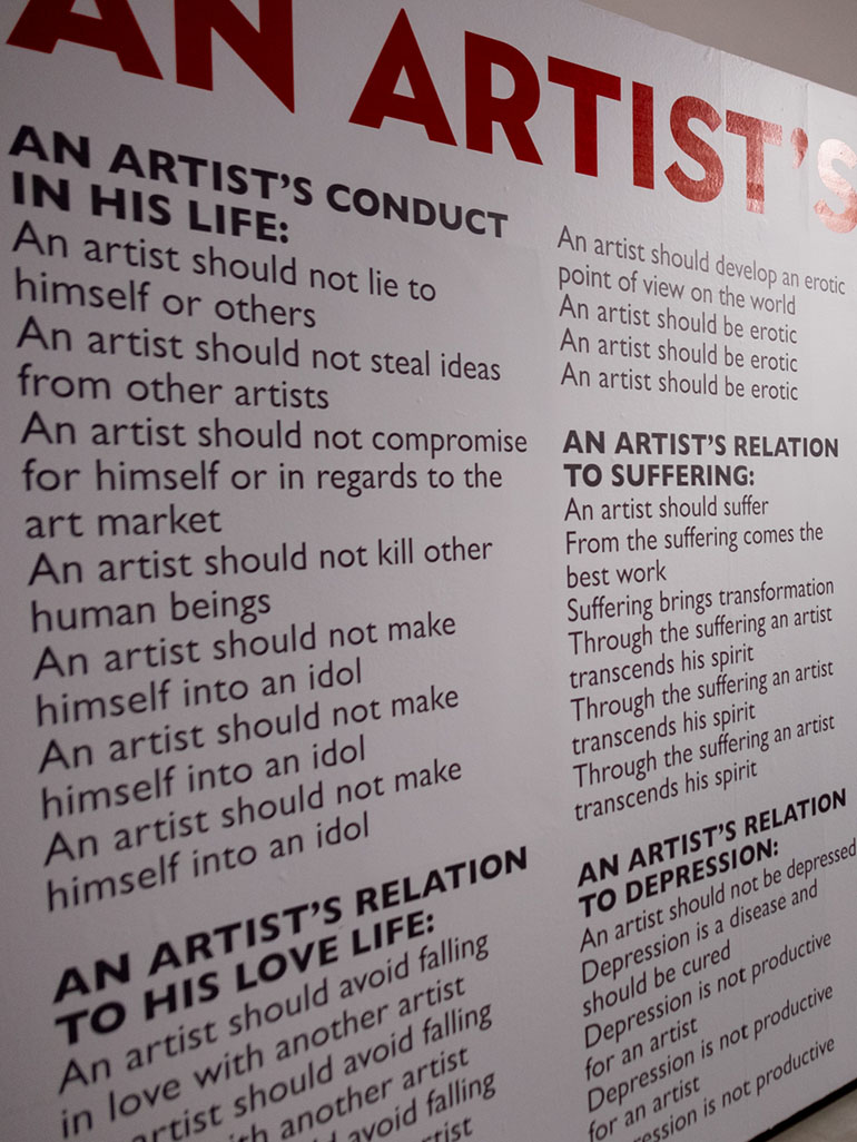 Installlation view of Marina Abramović’s Artist’s Life Manifesto at the exhibition The Cleaner, Palazzo Strozzi, Florence, 2018 feat