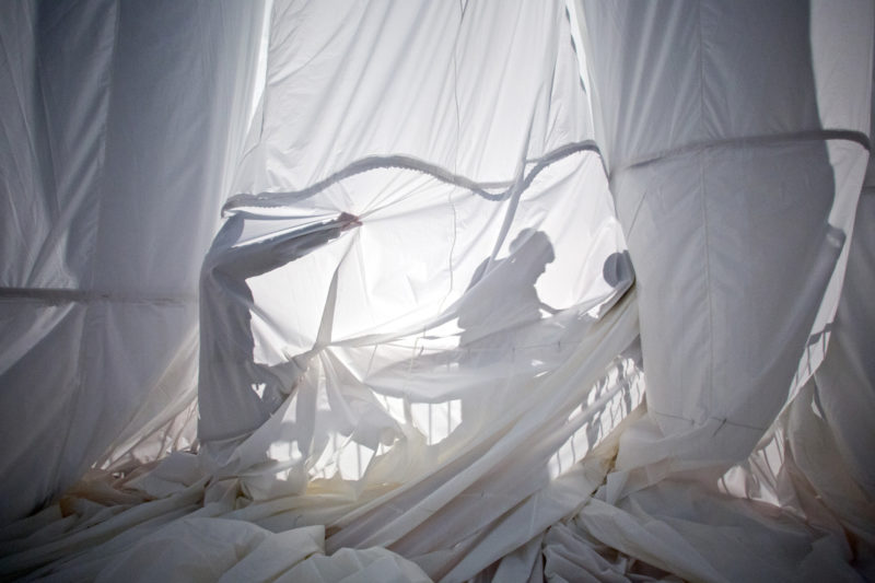 Christo - Big Air Package, 2010, 20,350 sqm of semitransparent polyester fabric, 4 500 m of polypropylene rope, inflated 90 m tall, 50 m wide, 177,000 cubic meter, 5,300 kg, Gasometer Oberhausen, Germany, 2010-2013