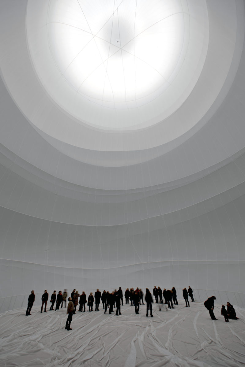 Christo - Big Air Package, 2010, 20,350 sqm of semitransparent polyester fabric, 4 500 m of polypropylene rope, inflated 90 m tall, 50 m wide, 177,000 cubic meter, 5,300 kg, Gasometer Oberhausen, Germany, 2010-2013 