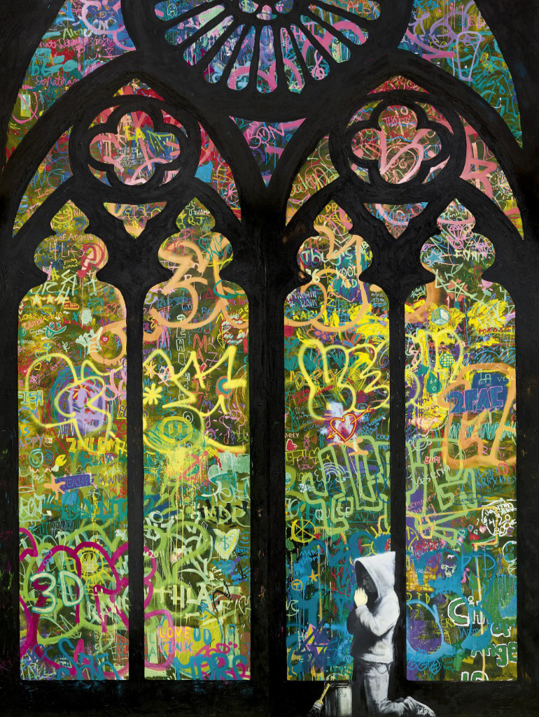 Banksy - Forgive Us Our Trespassing, 2011, acrylic, spray paint and marker pens on wooden panel, in four parts, 655 x 421 cm (257⅞ x 165¾ in) feat